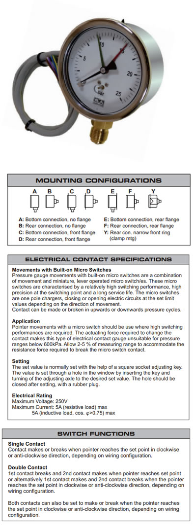 Electrical Contact Micro Switch Type Pressure Gauges